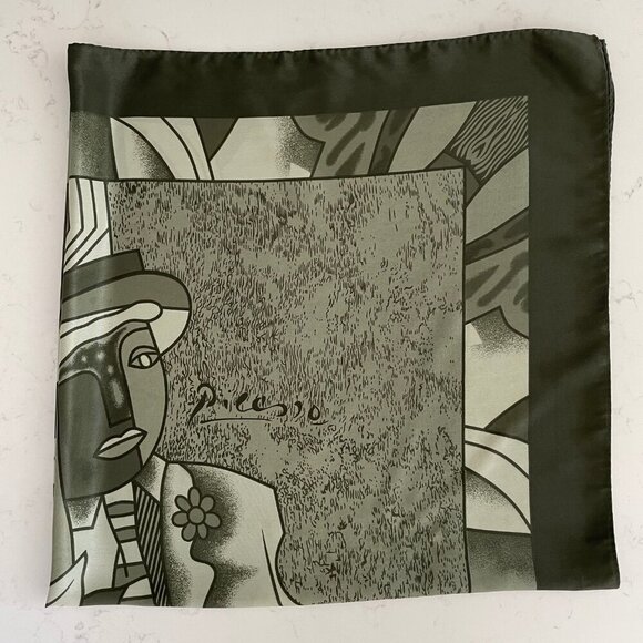 Picasso Art Inspired w Wide Solid Border 34" x 34" Square Scarf Green - no tags - Picture 5 of 7